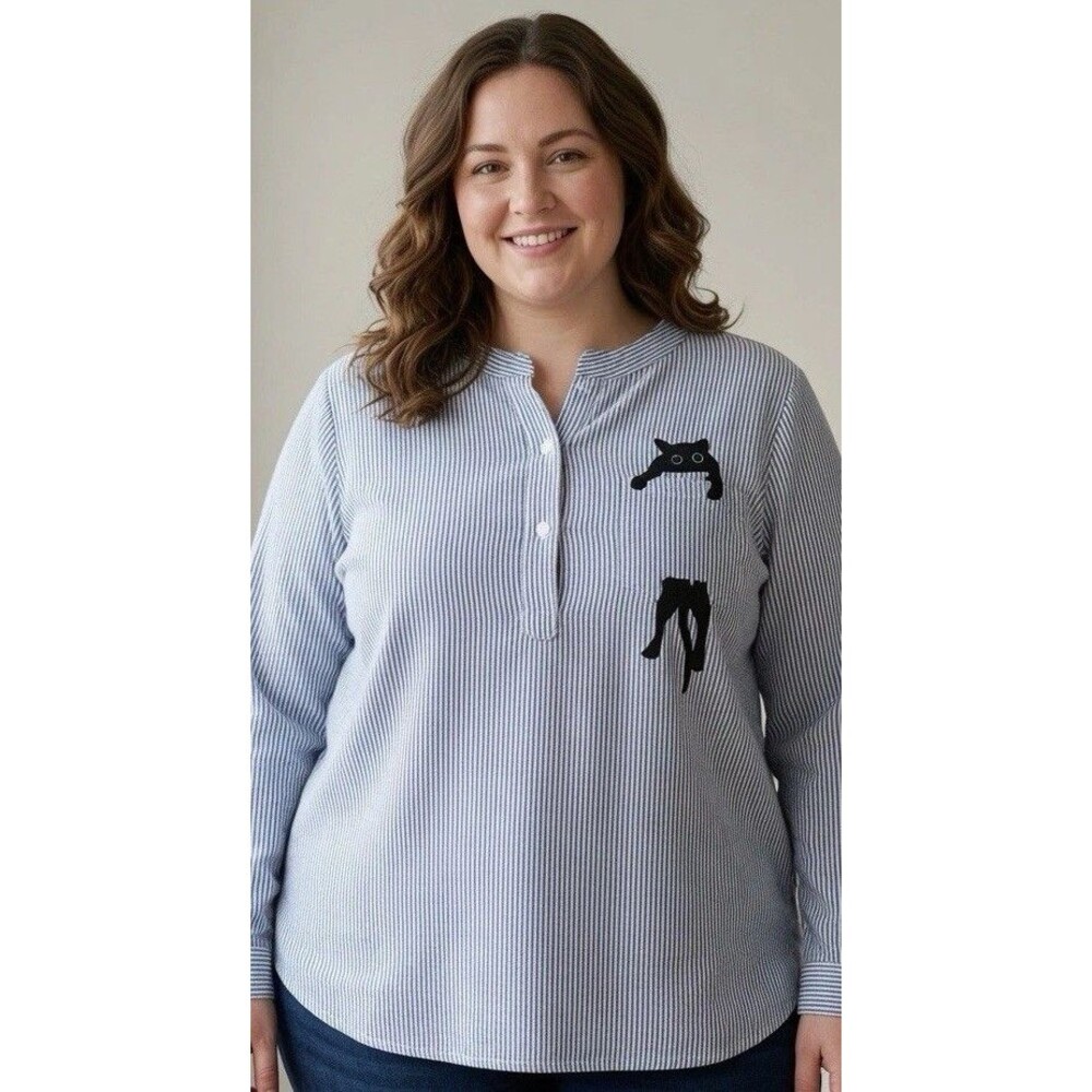 Super Cute Women’s Cat Embroidered Pin Stripe Pockets Buttons Long Sleeve, Sz3XL